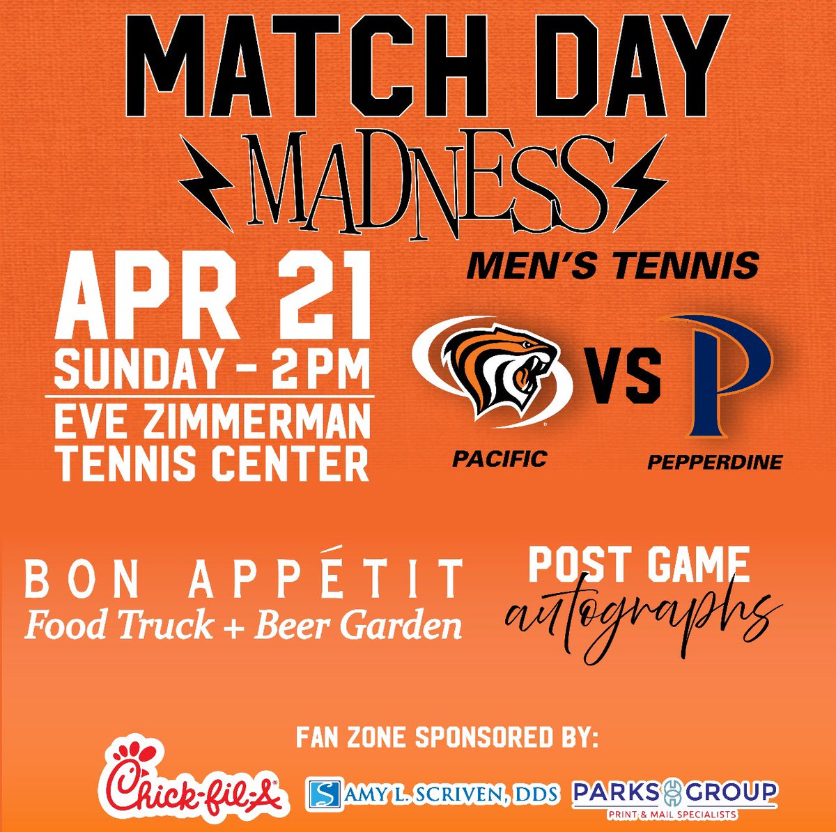 🎾 MATCH DAY MADNESS 🎾 Great ready to rally with Men’s Tennis for an exciting day full of fun 🎉 Bon Appetit Food Truck + Beer Garden will be serving up the perfect match day treats to enjoy 🍔🍻 And be sure to stay after for autographs with the team! #PacificProud