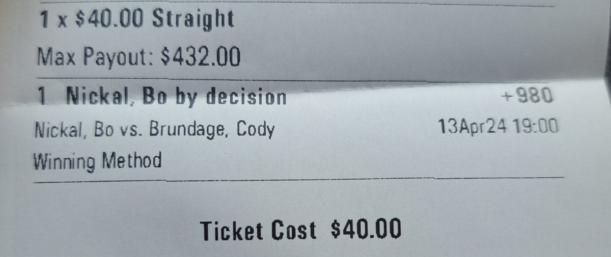 I like Brundage and I don't think Bo is going to overwhelm him like everyone assumes so I also picked up Nickal by decision at +980.