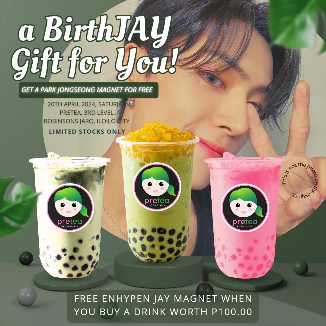 nENay_J's tweet photo. [🎂🎉] D-7 to BirthJAY! 🥳

Mga Pangga 🫶, please drop by Pretea 🧋 Robinson's Jaro on 20 April 2024 to celebrate our Park Jongseong!

🗒 More deets on pix. 

Please help RT. 🙏

Thank you. 🍎
#JAYPRIL2024 
#JAY #ENHYPEN_JAY #제이 #엔하이픈_제이 #ENHYPEN @ENHYPEN @ENHYPEN_members https://t.co/292wkWtZIZ
