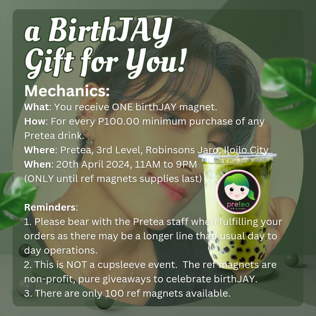 nENay_J's tweet photo. [🎂🎉] D-7 to BirthJAY! 🥳

Mga Pangga 🫶, please drop by Pretea 🧋 Robinson's Jaro on 20 April 2024 to celebrate our Park Jongseong!

🗒 More deets on pix. 

Please help RT. 🙏

Thank you. 🍎
#JAYPRIL2024 
#JAY #ENHYPEN_JAY #제이 #엔하이픈_제이 #ENHYPEN @ENHYPEN @ENHYPEN_members https://t.co/292wkWtZIZ