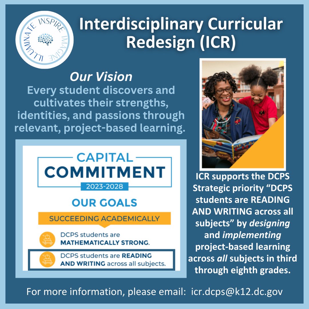 DCPSCurriculum's tweet image. ICR believes students discover &amp;amp; cultivate their strengths, identities, &amp;amp; passions through relevant, project-based learning! We are aligned w/the @dcpublicschools Capitol Commitment Strategic Priority “Succeeding Academically” to infuse project-based learning in grades 3-8!