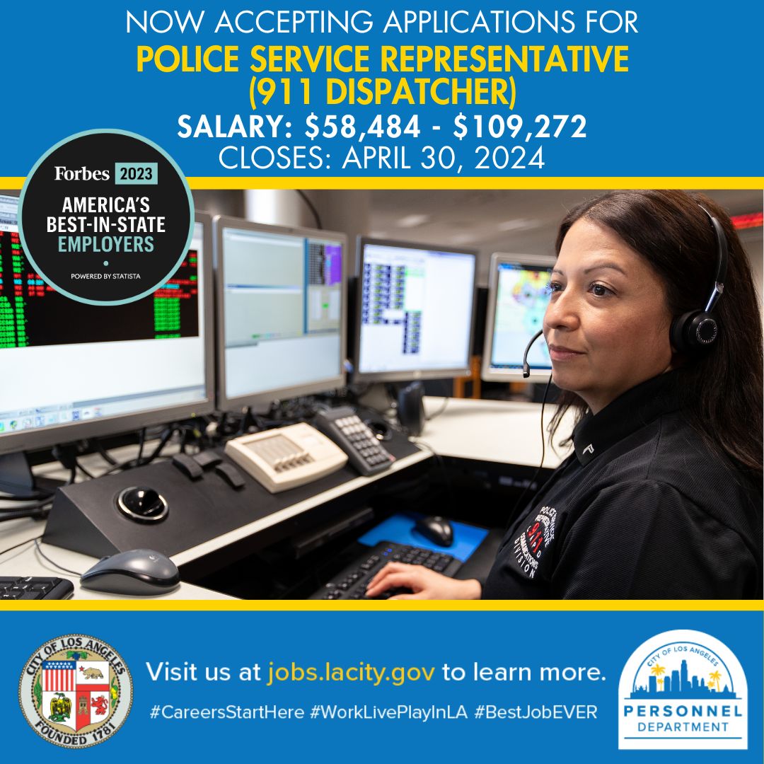 The City of Los Angeles is now accepting applications for Police Service Representative (911 Dispatcher)! Salary: $58,484 - $109,272 - Closes: April 30, 2024 - Visit governmentjobs.com/careers/lacity for more information on this opportunity! #CareersStartHere #WorkLivePlayInLA #BestJobEVER