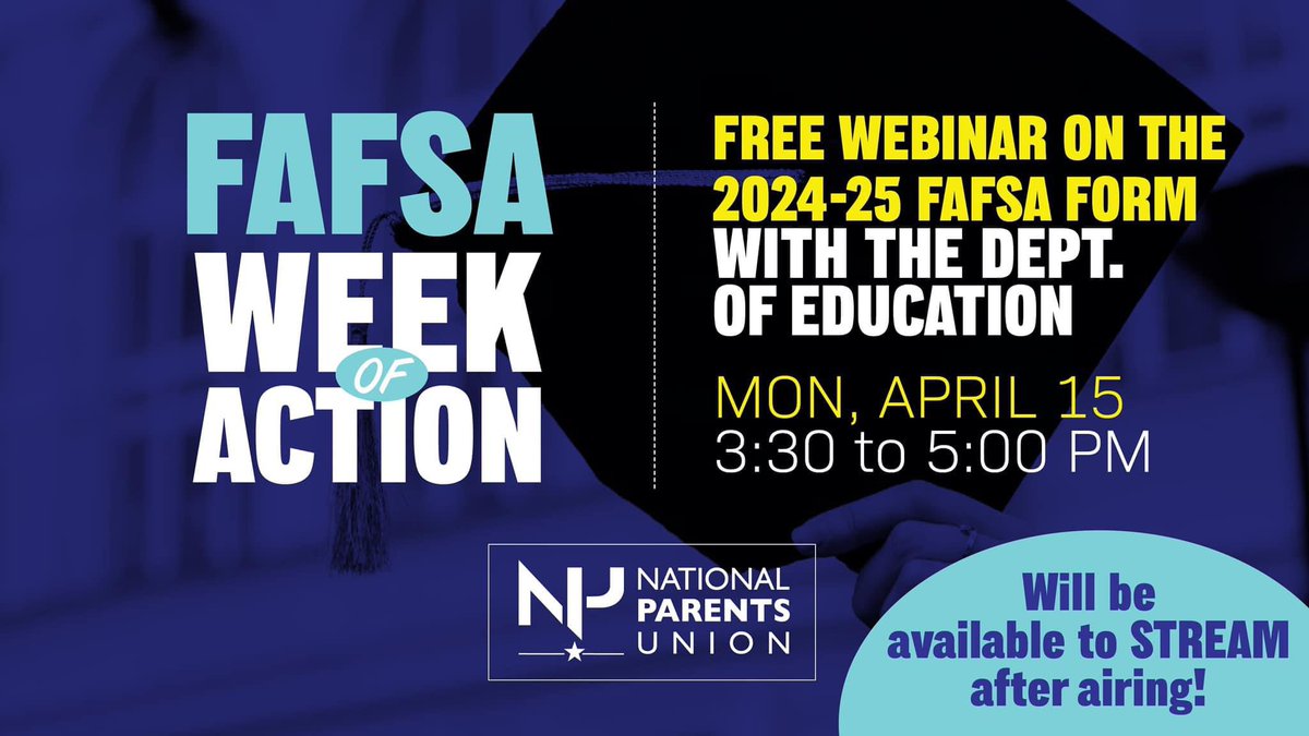 📣@NationalParents is hosting a #FAFSA Parent Webinar with the @usedgov on April 15th at 3:30. You'll be able to learn about the 2024-25 FAFSA Form & sort through any questions you might have. Don’t leave all this money on the table! streamyard.com/watch/ePMBDxq6…