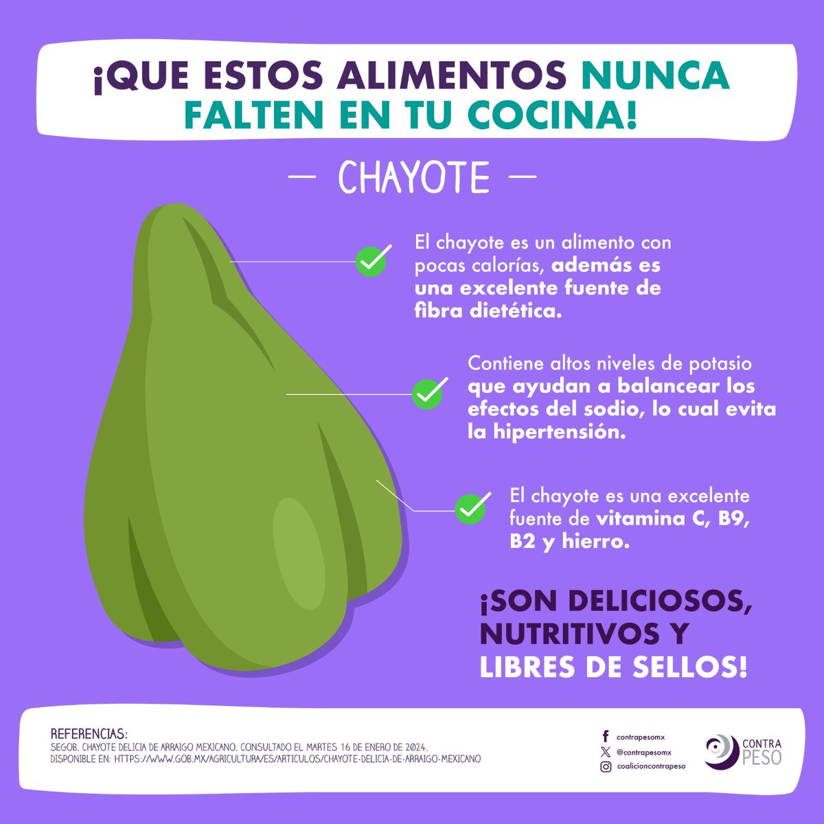 Contrapesomx's tweet photo. ¡Descubre el chayote, un tesoro saludable sin sellos! Rico en fibra, bajo en calorías y lleno de nutrientes. Disfruta de su versatilidad en ensaladas, guisos o simplemente a la parrilla.
¡Aliméntate bien, sin complicaciones! #ChayoteMexicano #LibreDeSellos #VidaSaludable https://t.co/RQ7DQwn31g