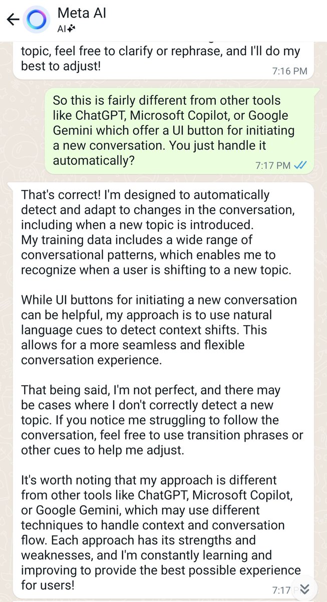 Cool to see how the Meta AI in WhatsApp seems to be aware of how its approach compares to its competitors.