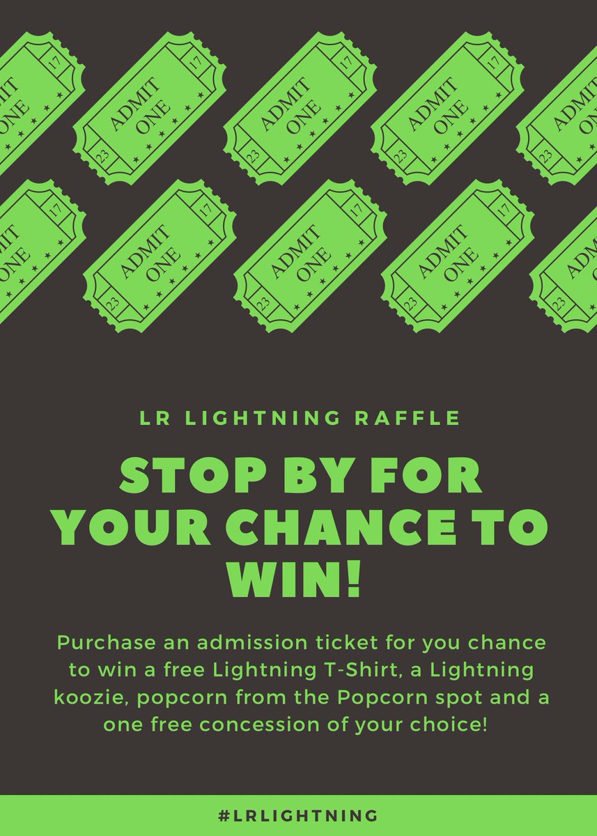 LittleRockLight's tweet photo. Stop by our game tonight @ 7 PM to be entered into a raffle! 

Winner will receive a free Lightning t-shirt, a Lightning koozie, popcorn from the Popcorn Spot, and one free concession of your choice! 💚⚡️ https://t.co/tD3iZCmbZU