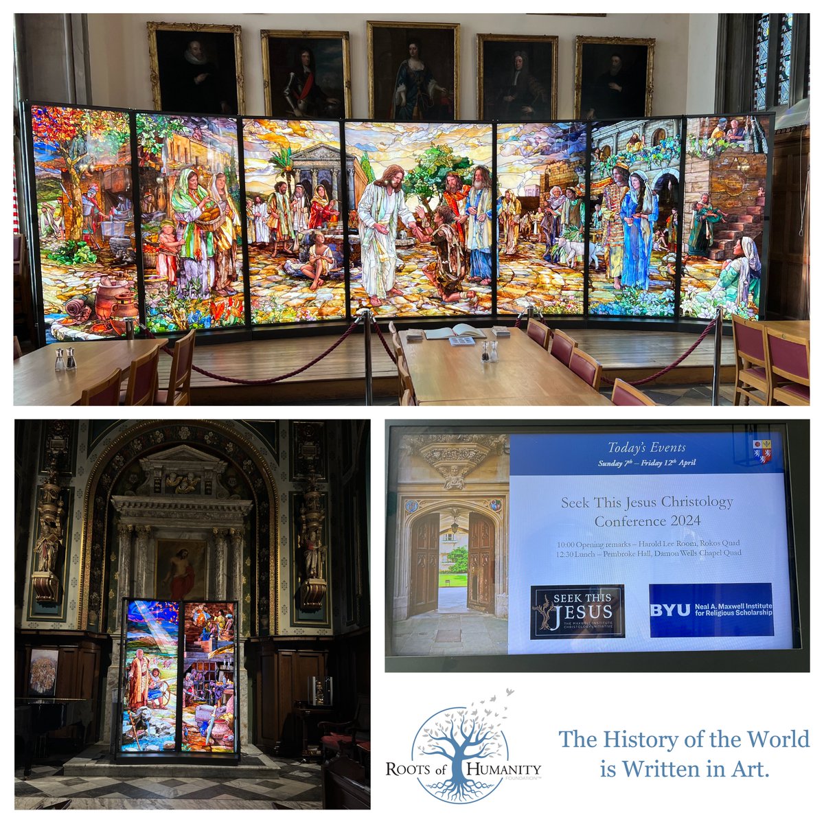 roots_humanity's tweet photo. UPDATE:  The Believe in Him stained glass windows display at Pembroke College at  Oxford, has been extended through April 16, 2024. Hours for viewing: Pembroke Chapel 9am-6pm and Pembroke College Dining Hall 8:30am-8pm. Windows created by Holdman Studios. https://t.co/9I64k2FDAT