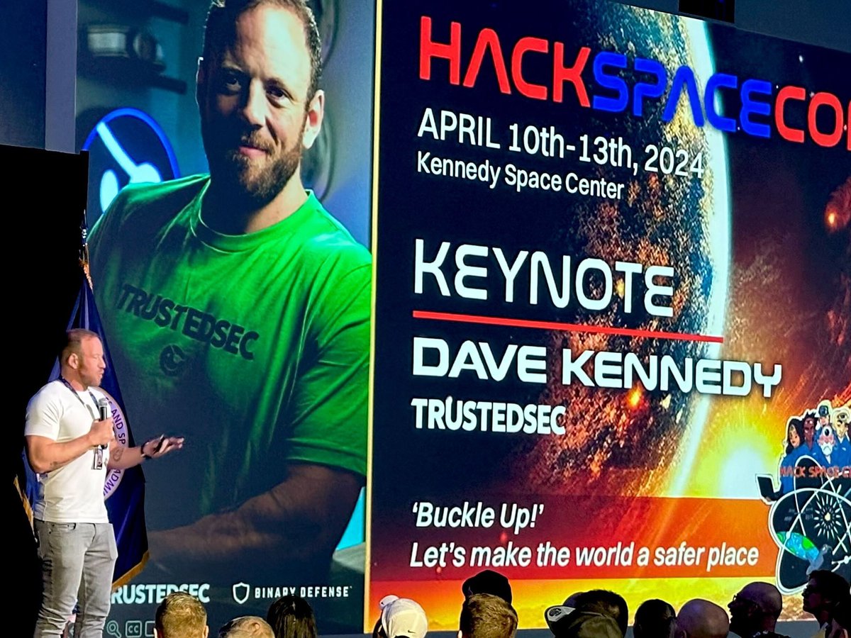 HackingDave's tweet photo. Had an amazing time today presenting at #HackSpaceCon at the Kennedy Space Center. The folks are amazing organizing this and highly recommend it. Kids running around, family feel, and got to see some incredible talks and meet friends and new ones! Thanks for having me!! https://t.co/t4Rza1wSXl