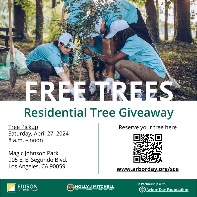 🌳 Are you interested in planting a tree at your home? Join LA County + SCE for a free tree giveaway on April 27 from 8:30a - 12:30 p at Earvin 'Magic' Johnson Park for SCE customers in specific zip codes: 90044, 90047, 90059, 90061, & 90220. arborday.org/SCE