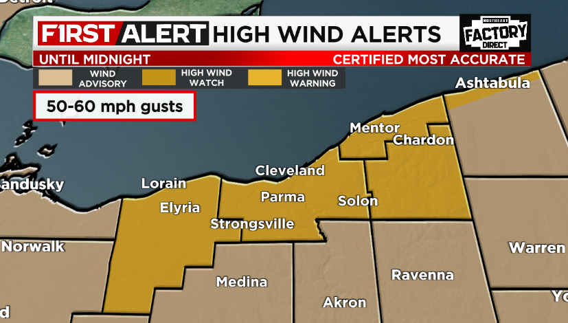 UPGRADED: *HIGH WIND WARNING* now in effect until midnight for Lorain, Cuyahoga, Lake, and Geauga counties, as well as the Ashtabula County lakeshore. 50 - 60 mph wind gusts are likely tonight. Power outages possible. #ohwx @cleveland19news