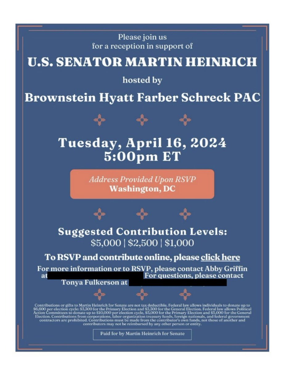 SCOOPLET: Brownstein Hyatt’s PAC is having a fundraiser on Tuesday for Sen. Martin Heinrich (D-N.M.). Some of their clients include Barrick Gold and Nevada Gold Mines, and ExxonMobil, which Heinrich has attacked for price gouging, and oil trade group API. politico.com/newsletters/po…