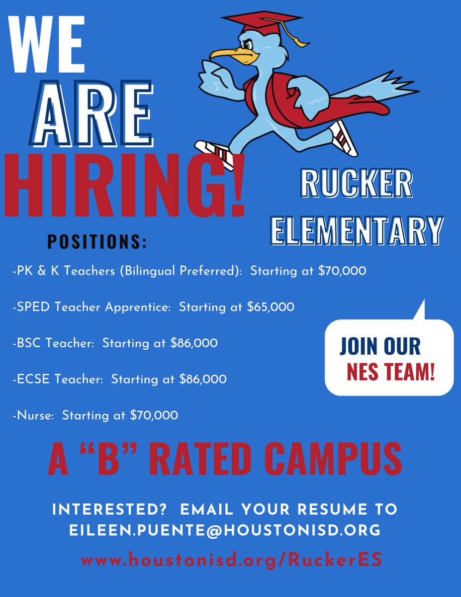 We are hiring @RuckerHISD ! Please email your resume to Eileen.Puente@houstonisd.org if you are interested in any of our available NES positions @HisdSouth @TeamHISD 🌟
