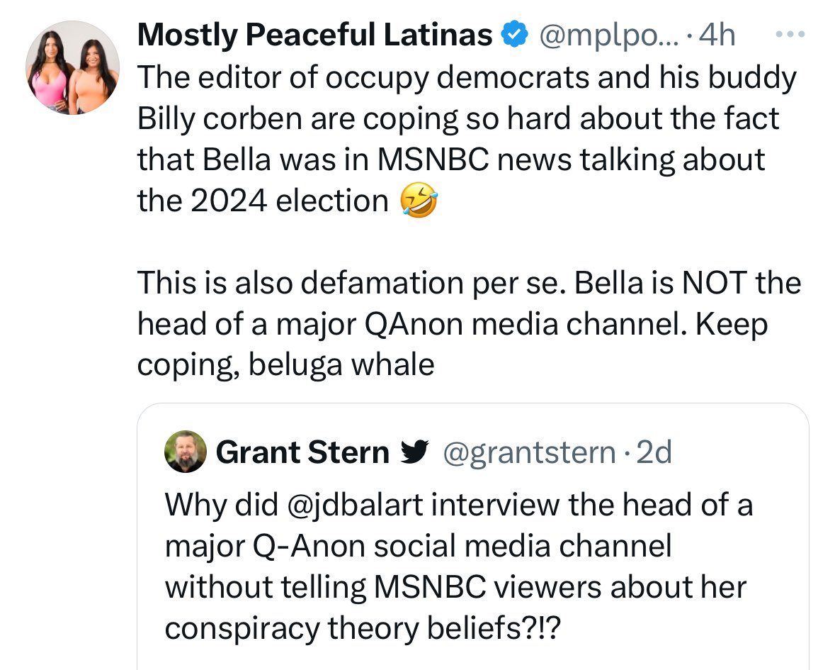 More half truths & lies from podcaster Linda Cuadros with “Mostly Peaceful Latinas” — her co-host Isabella Rodriguez is a former admin for “We The Media,” the largest QAnon account on Telegram. 

The receipts are all right here. 👇

#WakeUpWithLinda #RedPillBabe