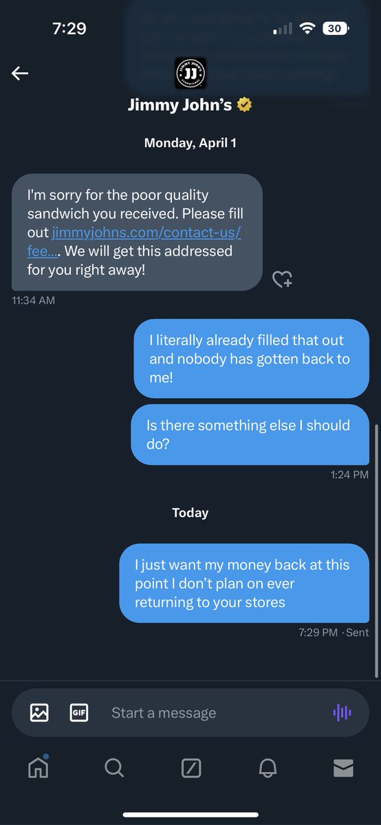 allieattack's tweet photo. The fact that @jimmyjohns doesn’t care about their customers at all. Thanks guys! I don’t plan on returning to another store but I do want my money back lmfao https://t.co/RwU0Laytdn