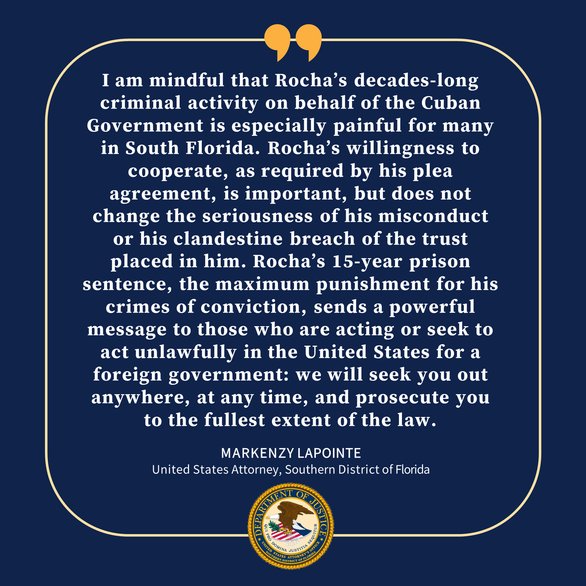 Former U.S. Ambassador and National Security Council Official Admits to Secretly Acting as Agent of the Cuban Government and Receives 15-Year Sentence

@FBIMiamiFL, @StateDeptDSS, and @FBIWFO  investigated the case.

🔗:justice.gov/usao-sdfl/pr/f…