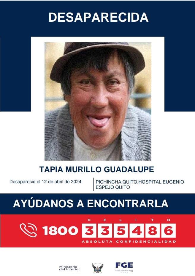 🚨AYÚDANOS A ENCONTRARLA🚨 TAPIA MURILLO GUADALUPE, reportada como desaparecida desde el 12 de abril del 2024, en #UIO. 📞 Si tienes información comunícate al 1800 DELITO (335486).