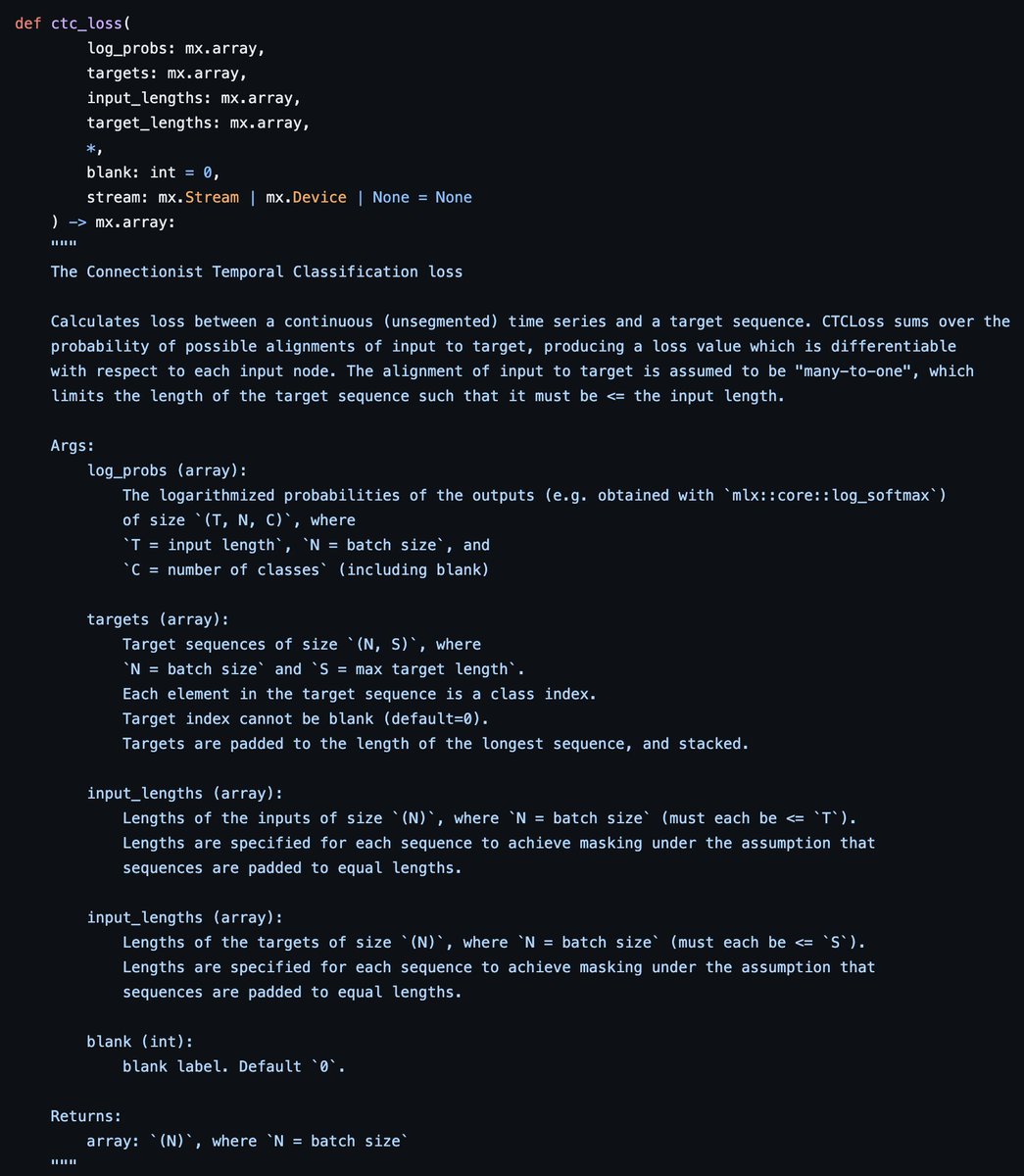 CTC (Connectionist Temporal Classification) loss is in MLX! Runs on both the CPU and GPU. pip install mlx-ctc Extension code (h/t djphoenix): github.com/djphoenix/mlx-…