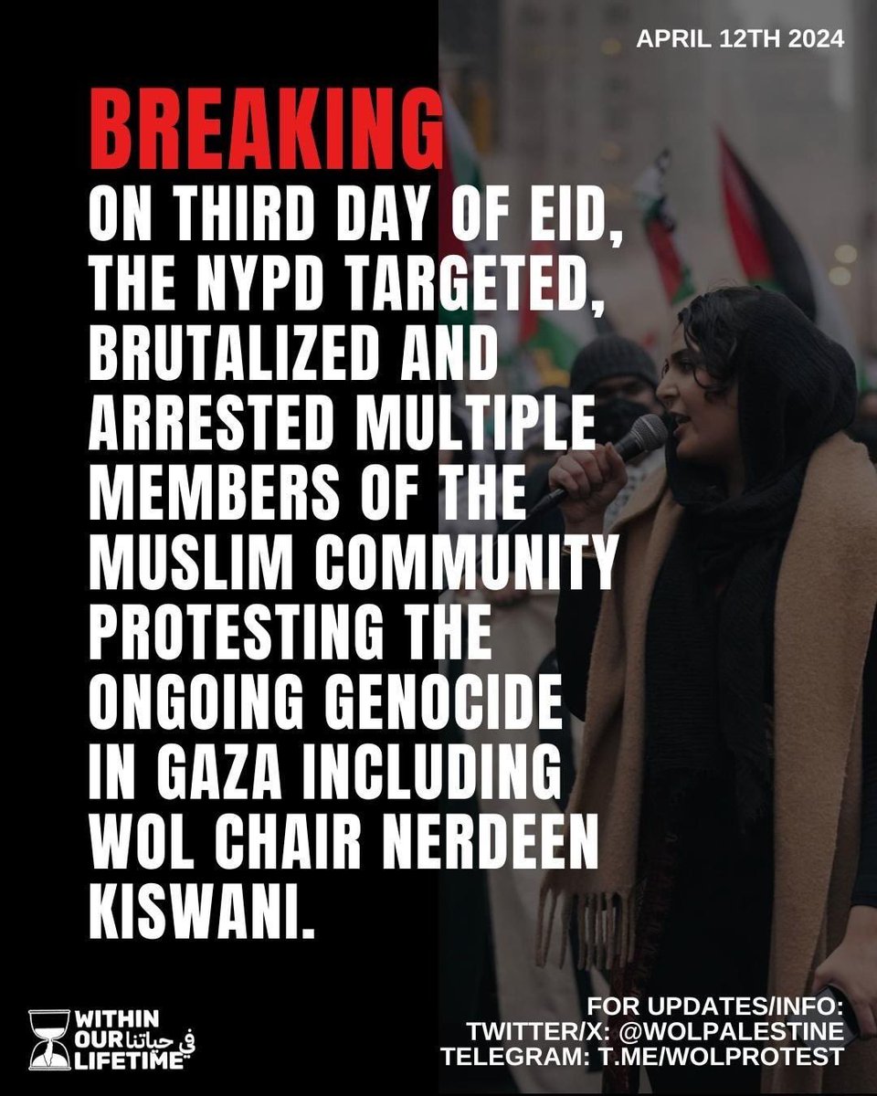 BREAKING: On third day of Eid, the NYPD targeted, brutalized & arrested members of the Muslim community tonight protesting the ongoing genocide in Gaza including WOL Chair @NerdeenKiswani. The march pushed forward, ending outside the United Nations. Jail support is now mobilizing…