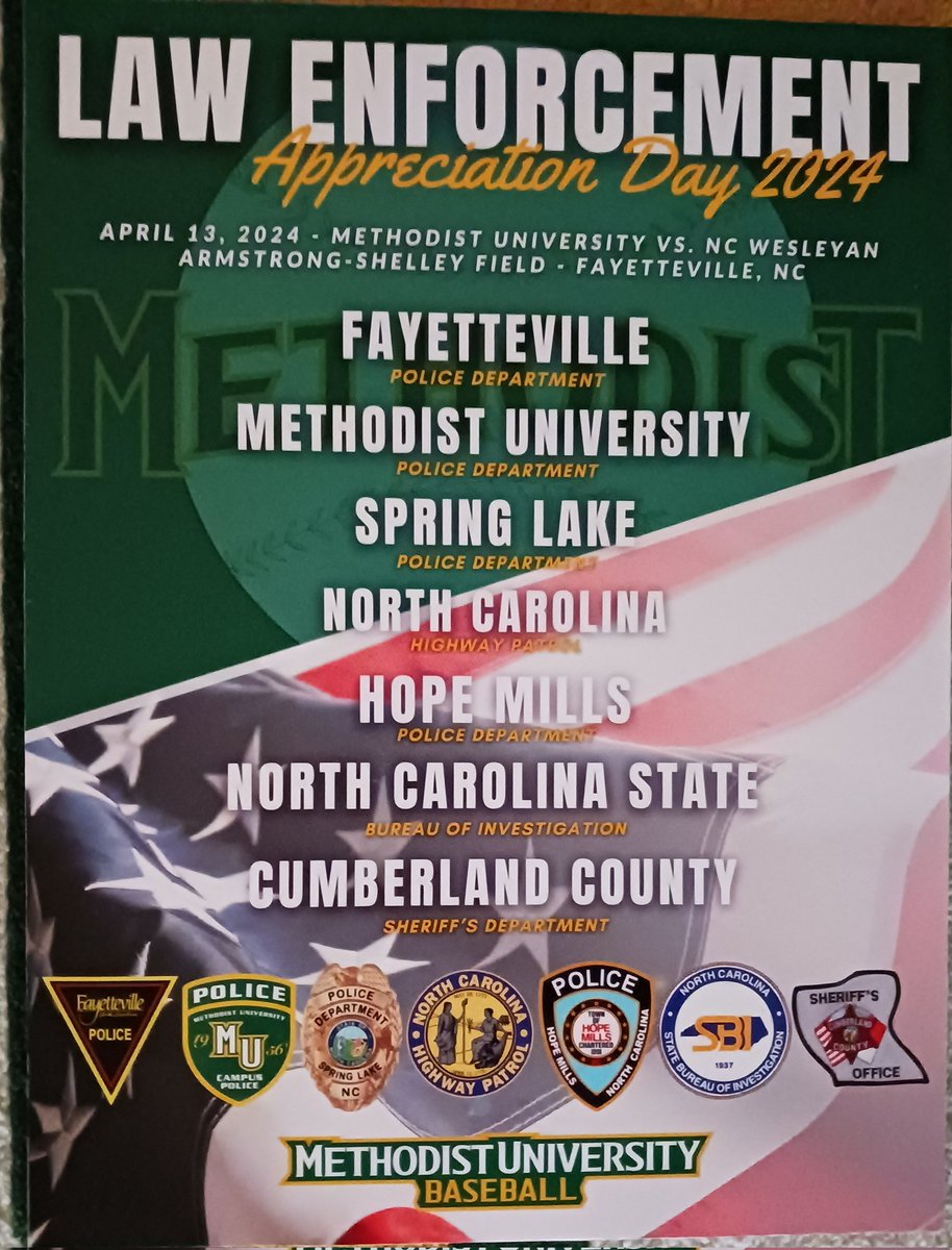 Methodist University baseball will honor local law enforcement agencies at 3:45 on Saturday! Methodist versus NC Wesleyan.