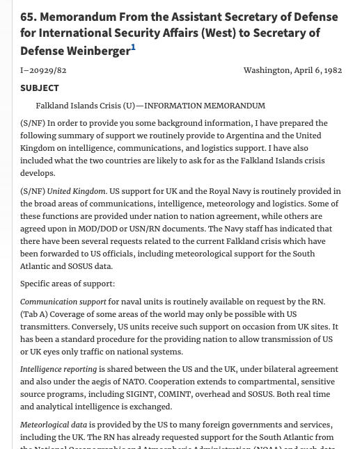 Interesting declassified memo that mentions the US providing SOSUS data to the Royal Navy during the Falklands. I haven't come across much information about US-UK SOSUS cooperation.