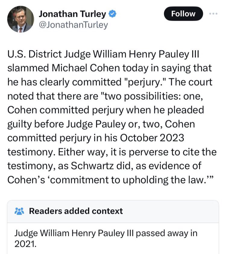 Trump says his trial starting Monday isn’t a real trial because Jonathan Turley told him so. Yes, that’s the same Jonathan Turley who thought a judge made a statement last month even though the judge died 3 years ago.