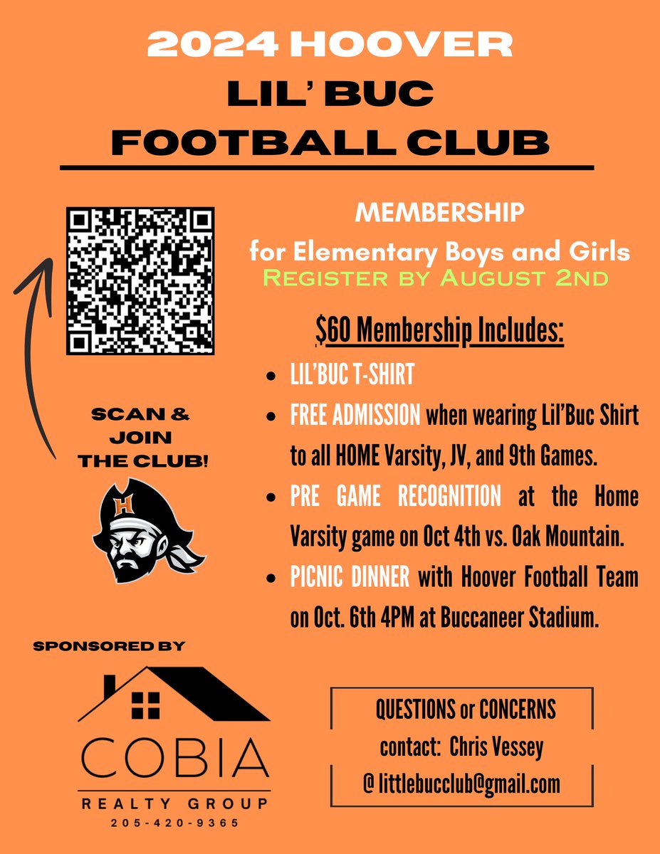 BucsFootball's tweet photo. Calling on all Lil Bucs!!! It’s time to join the club for the 2024 season! You don’t want to miss out or miss one of the Hoover Football games this 2024 season! Link to sign up and register: https://t.co/Q0M2Gum4N8 
Thank you Cobia Realty Group for being our sponsor this season! https://t.co/RmhCPyFW2B