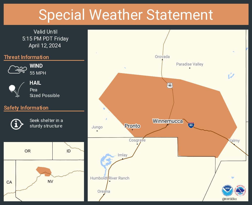 A special weather statement has been issued for Winnemucca NV, Golconda NV and  Pronto NV until 5:15 PM PDT