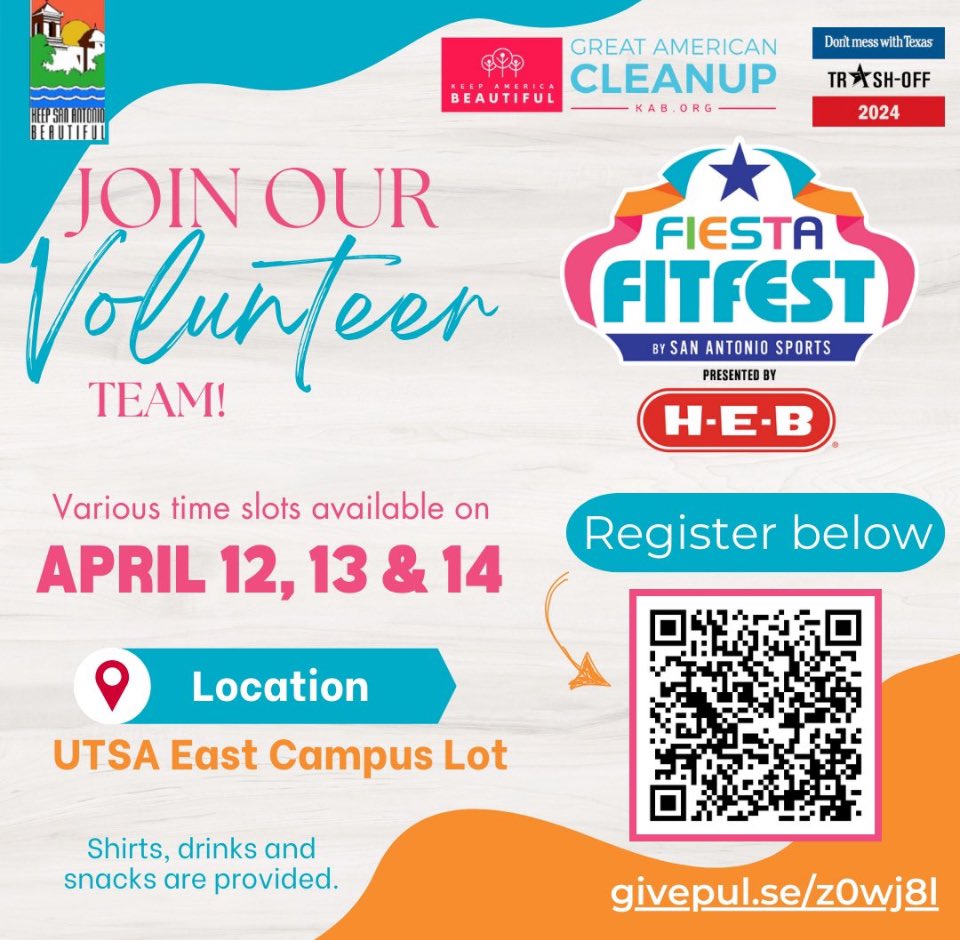Let’s #Fiesta! Sign up to volunteer with @KSABeautiful and come make a difference during @SA_Sports #FiestaFitFest. givepulse.com/event/445954-2…