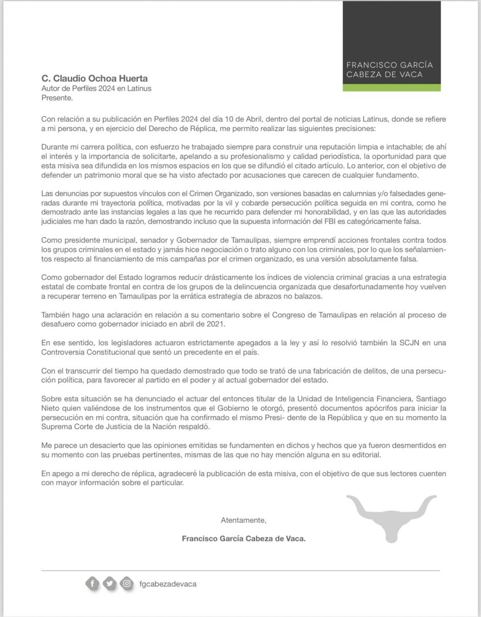 Preocupado por su reputación, el exgobernador de Tamaulipas, García Cabeza de Vaca, mandó este derecho de réplica ante su perfil en Latinus. 👇🏼