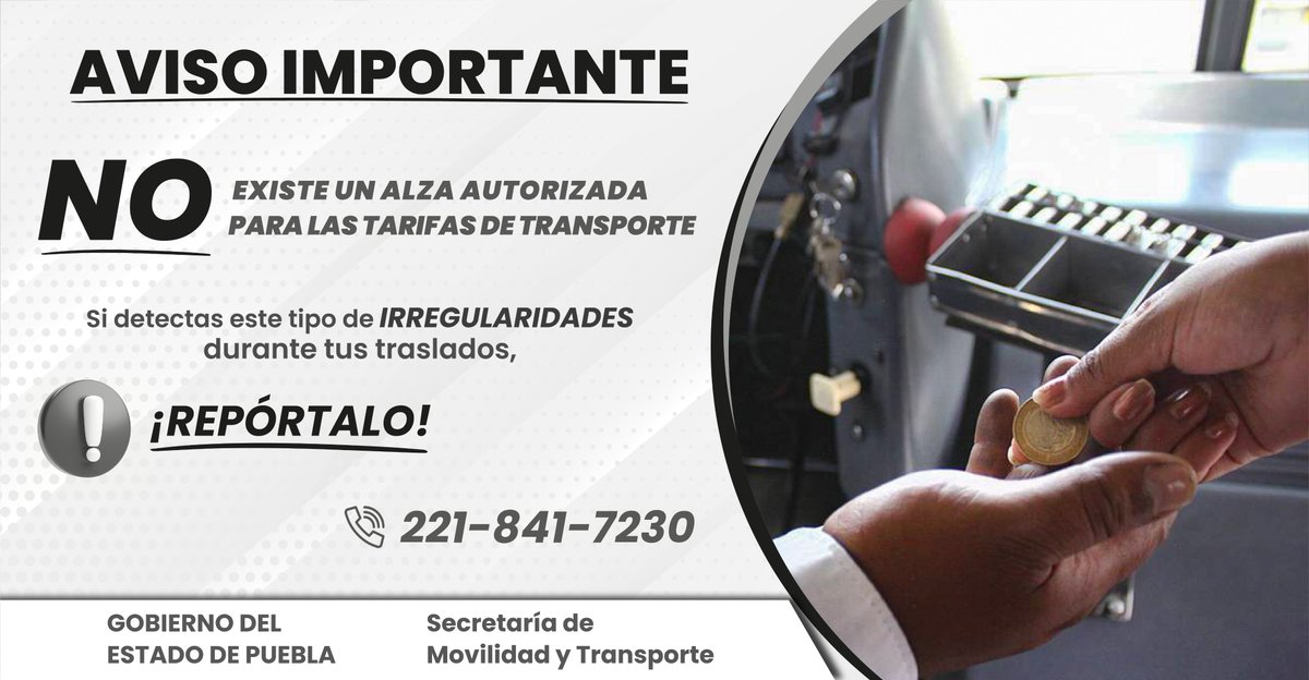 NO existe alza autorizada para las tarifas de transporte público, 🚍🚇 si detectas alguna irregularidad, REPÓRTALO a las líneas de atención ☎️ o por medio de redes sociales. 📢