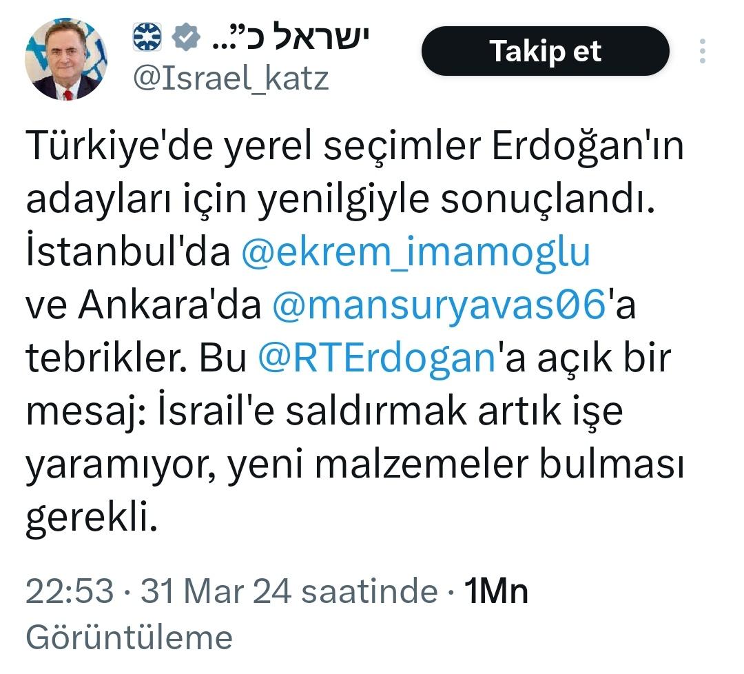 haciykk's tweet photo. Aşağıdaki resmî hesap, İsrail Dışişleri Bakanı Yisrael Katz'a ait!
31 Mart gecesi CHP'yi tebrik eden ilk kişi!
SORU: Türkiye hükümeti İsrail'e madem "jet yakıtı" satıyorsa bu şahıs neden CHP'yi tebrik ediyor ve Recep Tayyip Erdoğan’ı "İsrail'e saldırmakla" suçluyor!
NOKTA! https://t.co/muUKRgXvSn