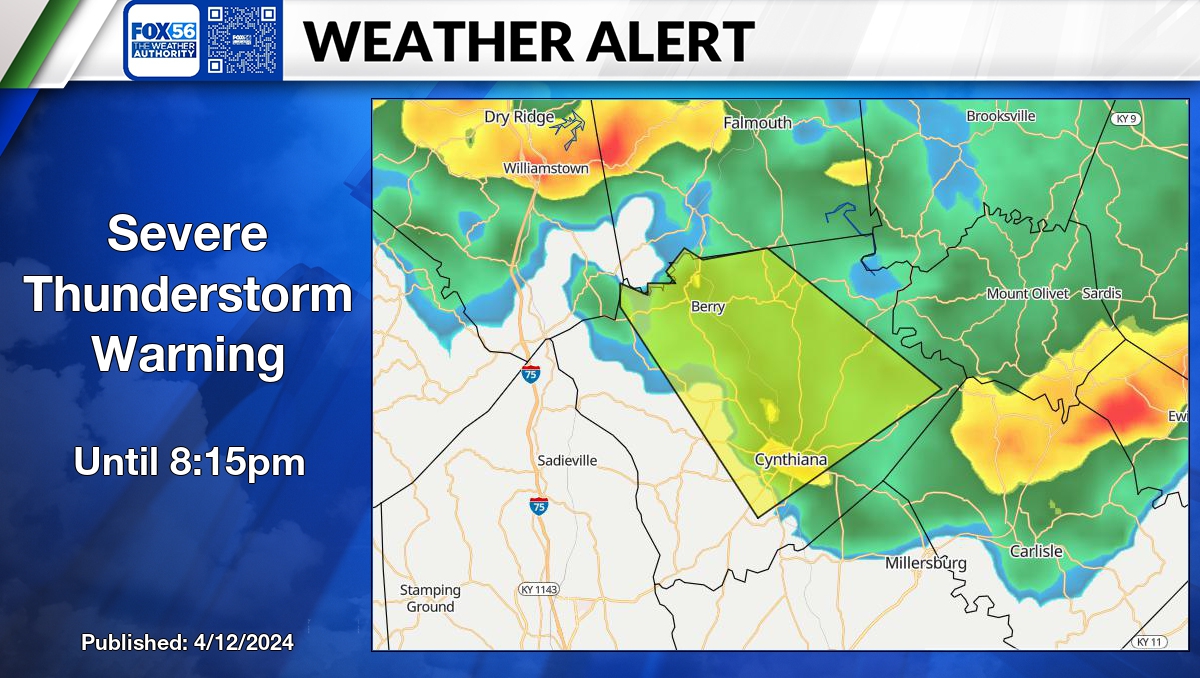WEATHER ALERT: Severe Thunderstorm Warning for Harrison County until 8:15pm. ➔ fox56news.com/weatheralerts #kywx