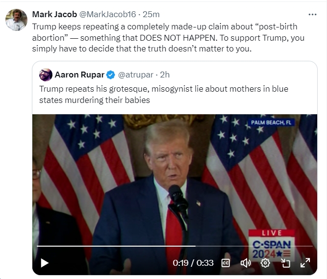Trump once again WILDLY lies, 100% falsely claims that any Democrat supports abortion AFTER birth (that's called murder/infanticide), and also WILDLY lies about what @VAGovernor73 was talking about. Disgusting...evil, actually. bluevirginia.us/2024/04/video-… h/t @MarkJacob16
