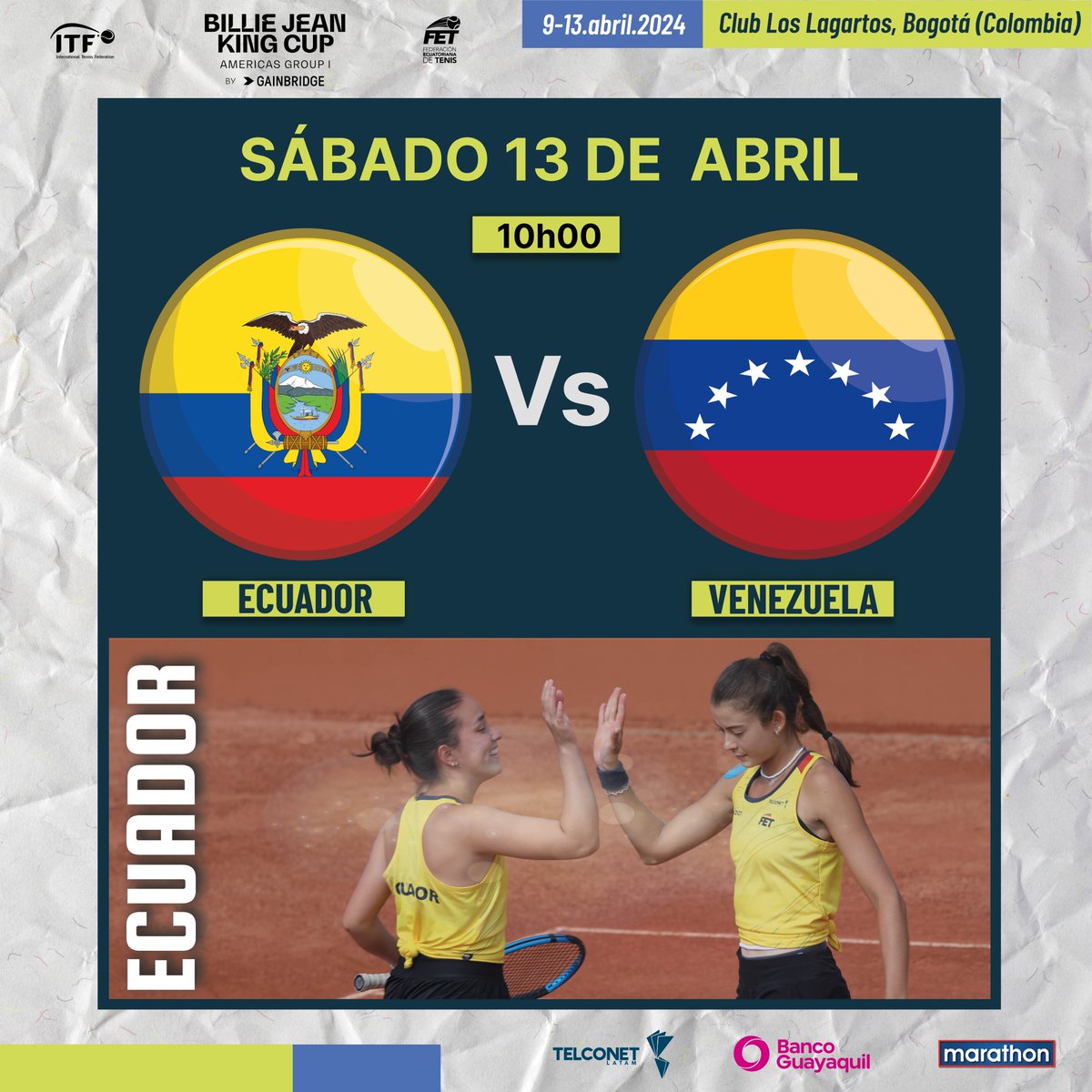 Mañana Ecuador enfrentará a Venezuela en el último día de la Billie Jean King Cup, que se juega del 9 al 13 de abril en el Club Los Lagartos, Bogotá (Colombia). @BJKCup Gracias al auspicio de: @TelconetLatam @BancoGuayaquil @marathonsports_