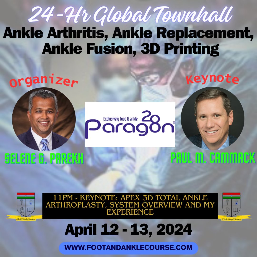 seleneparekhmd's tweet image. Join the Global Town Hall on Apr 12-13, 2024! Discover the latest in #AnkleArthritis, #TotalAnkleReplacement, #AnkleFusion, &amp;amp; #3DPrinting with expert Paul Cammack on Apex 3D Arthroplasty. Connect globally! Register:

zurl.co/wkao 

#OrthoInnovation #GlobalMedEd