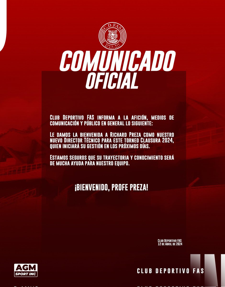 CDeportivoFAS's tweet photo. 🗒️𝐂𝐎𝐌𝐔𝐍𝐈𝐂𝐀𝐃𝐎 𝐎𝐅𝐈𝐂𝐈𝐀𝐋

¡𝗕𝗜𝗘𝗡𝗩𝗘𝗡𝗜𝗗𝗢 𝗥𝗜𝗖𝗛𝗔𝗥𝗗 𝗣𝗥𝗘𝗭𝗔 AL MÁS GRANDE!🐅🇺🇾

¡El Director Técnico Uruguayo se convierte en nuestro nuevo timonel! 🔝

#DALEROJO🐅 https://t.co/vkwdSZI5dG