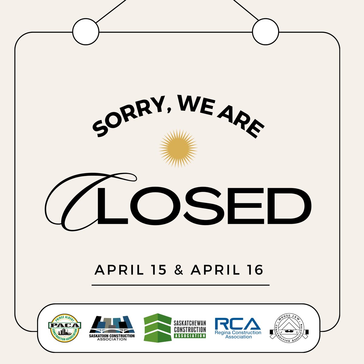 Office Closed🚪

Our offices will be closed on April 15 and April 16 for an all-staff meeting. 

We look forward to serving you when we reopen on April 17.🔓

#TogetherWeBuildSK🏗️