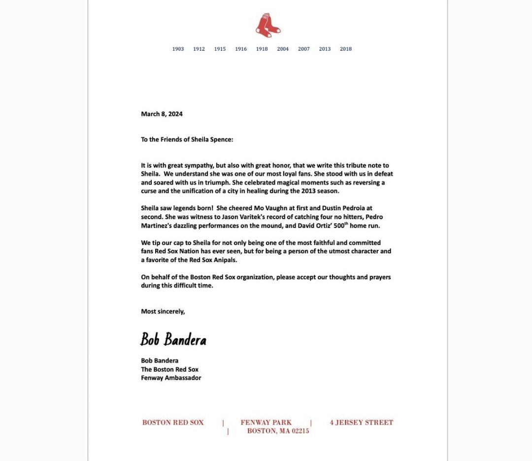 Dear @jtkantor, on behalf of the #RedSoxAnipals I want to thank you for playing our late friend's favorite song as we wanted to honor her. The Red Sox organization have been amazing (see attached letter) Lots of love and gratitude, Alfie Ted #RedSoxNation