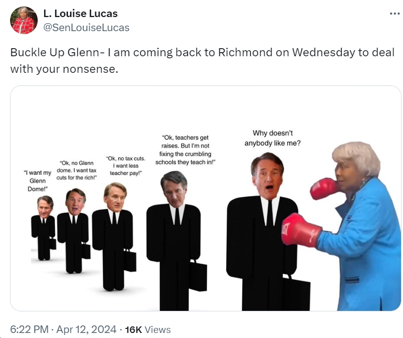 The question is more why would anyone like Glenn Youngkin at this point. What's there to like, exactly? Anyway, looking forward to @SenLouiseLucas explaining the facts of life to this clown. bluevirginia.us/2024/04/friday…