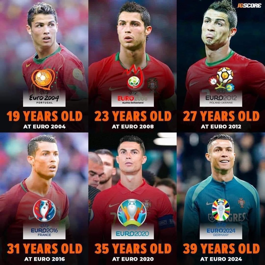 At the age of 39, Cristiano Ronaldo is going to play in his 6th EURO Tournament during his career.

🌎 Euro 2004.
🌎 Euro 2008.
🌎 Euro 2012.
🌎 Euro 2016.
🌎 Euro 2020.
🌎 Euro 2024.

---------------------------------

Cristiano Ronaldo's stats at Euro for Portugal :

🏟️ 25…