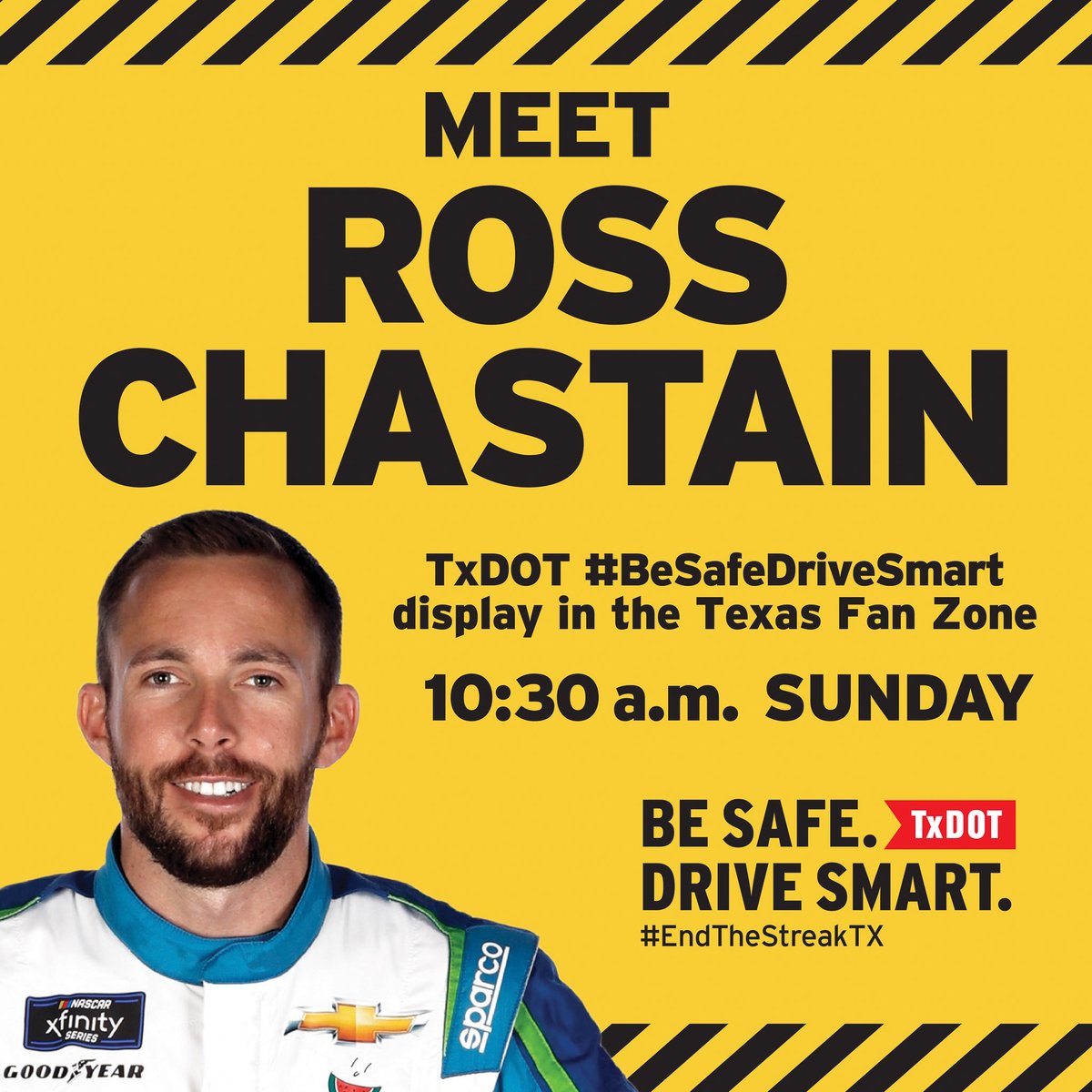 Join me and the @TxDOT #BeSafeDriveSmart crew in the Fan Zone on Sunday at 10:30 am. Let’s all get there safe and leave speeding to the pros on the track!