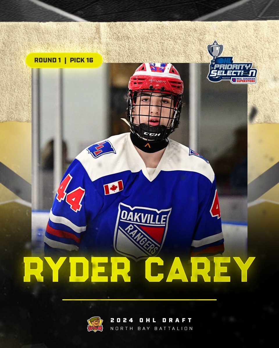 With the 16th pick in the 2024 #OHLDraft, the North Bay Battalion select Ryder Carey. #GoTroopsGo