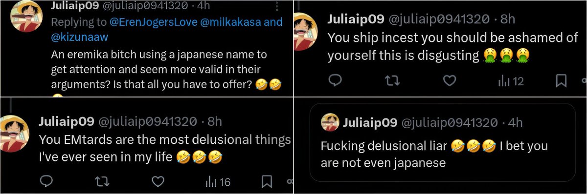 report and block this mf @juliaip0941320 who uses a recently created acc just to harass EMs. whoever's behind this troll acc are so desperate and pathetic. have shame on yourselves geez 

#aot #shingeki