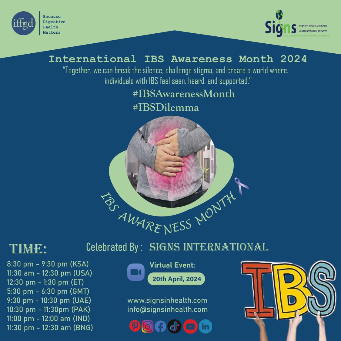 SIGNS International is arranging a FREE event on IBS AWARENESS MONTH
This year’s theme is 
*#IBSDilemma and challenges*

No Registration fee
Registration link

us02web.zoom.us/meeting/regist…

After registering, you will receive an email about joining the meeting.