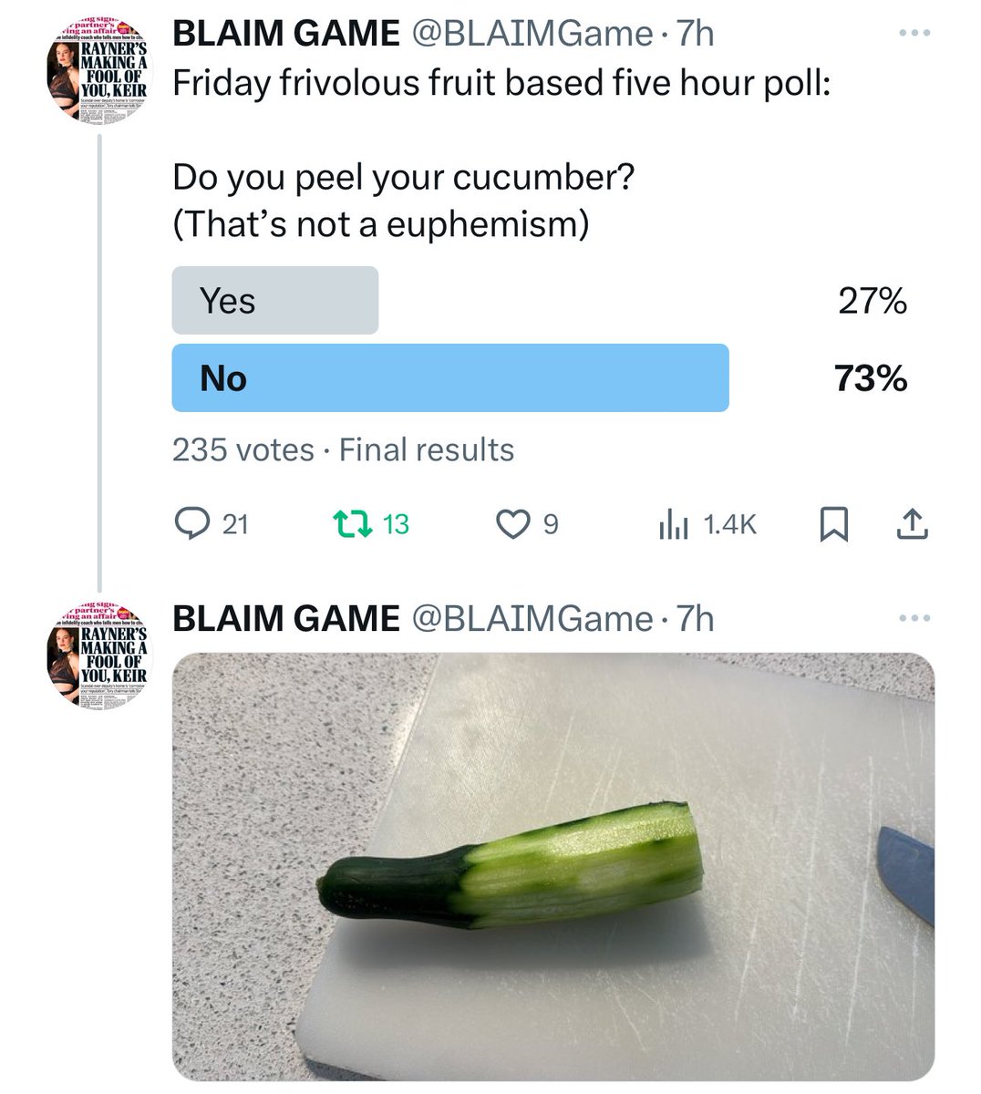 I spent over 50 years of my life eating unpeeled cucumber. Last month I peeled one because the skin looked rough. I’ve never looked back. 73% of you are wrong, thank me later