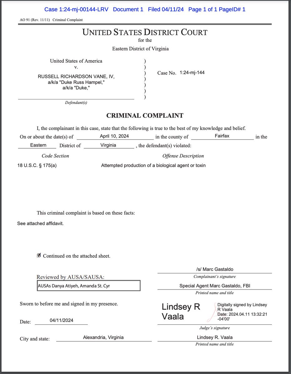 BREAKING THREAD: On April 11, Russell Vane IV - the subject of my reporting who allegedly attempted to provoke a Virginia militia group into producing explosives - was arrested. He is charged with 'Attempted production of a biological agent or toxin.' twitter.com/FordFischer/st…