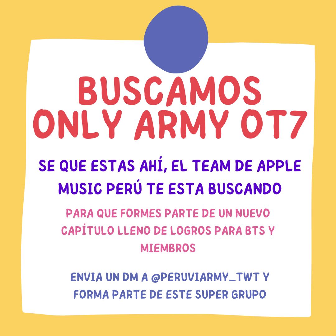 🚨URGENTE! Seguimos en busca de ARMYs de Perú 🇵🇪 que tengan Premium en Apple Music y puedan sumarse a nuestro team de stream en simultáneo para seguir manteniendo nuevos lanzamientos y ot7 en charts 🇵🇪. Nuestro team se redujo debido a que a varias se les acabó el premium 😭🙏 +