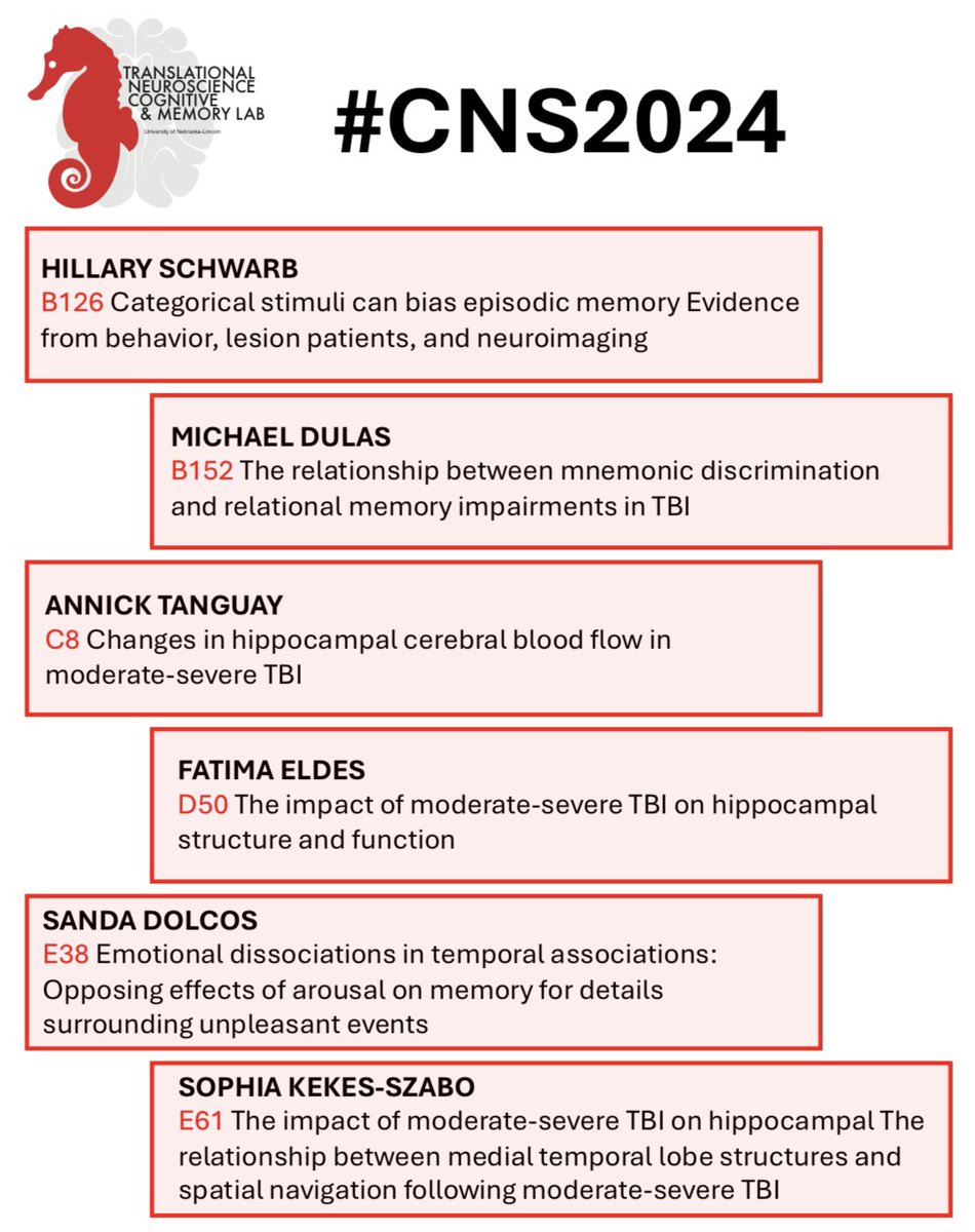 HillarySchwarb's tweet image. So excited to be in Toronto for #CNS2024 and share our work and our work and our work wirh @duffalab and @MichaelRDulas. Lots of hippocampus, lots of memory, lots of TBI, lots of seahorse logos.