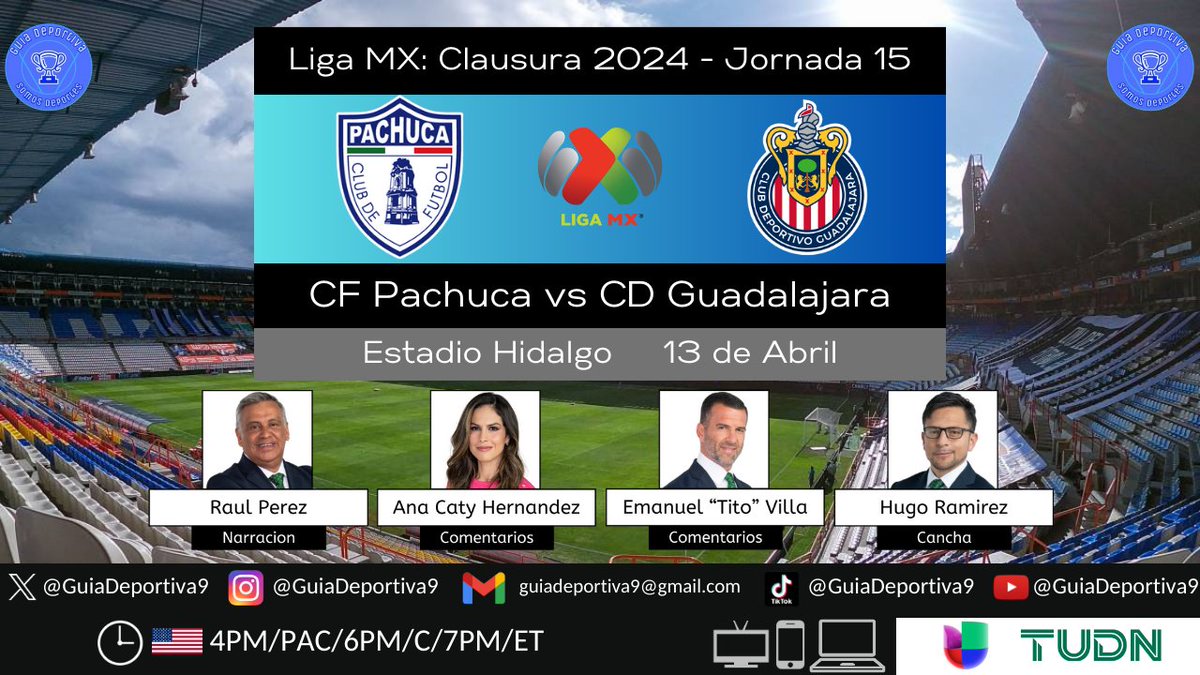 🐹 @Tuzos 🆚 @Chivas 🐐 #LigaBBVAMX #TUClausura2024 Jornada 15 #SabadoFutbolero por 📺 @Univision y @TUDNUSA con 🎙 @raul_perez_ @AnaCatyHdz @TitoVilla1982 @elchefhugord #LoNuestroEsElFutbol #SonosDeportes #SomosGuía #GuiaDeportiva9 ⏰ 4PM/PAC/6PM/C/7PM/ET CC: @Rafacrack03…