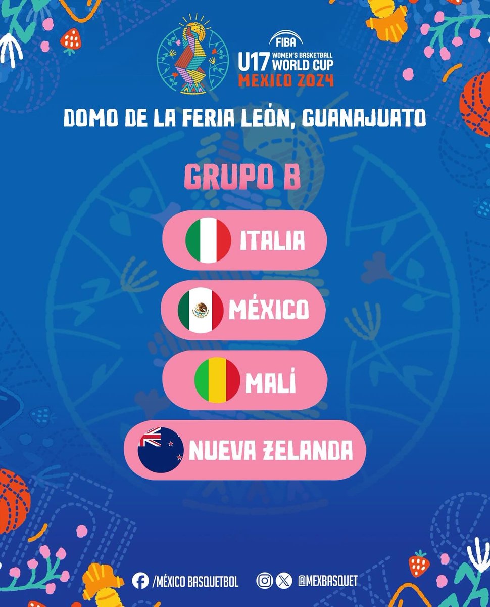 #MexBasquet🇲🇽🏀 El calendario de la selección mexicana en la Copa del Mundo @FIBA Femenil U17, que se celebrará del 13-21 de julio El Domo de la Feria, en León, recibirá al Grupo B donde se encuentra México (34), Italia (15), Malí (12) y Nva. Zelanda (31) Horarios por confirmar